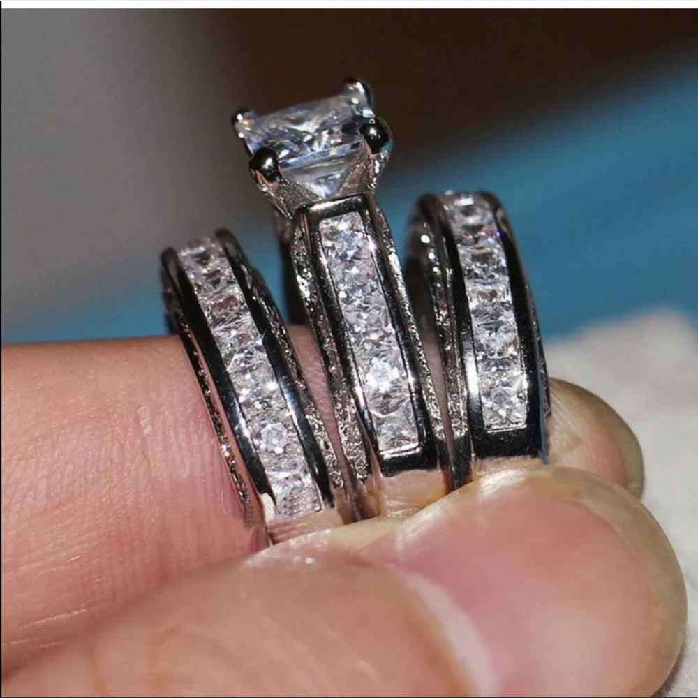 New 3pc/set 925 Silver Wedding Diamond Ring - Picture 3 of 5